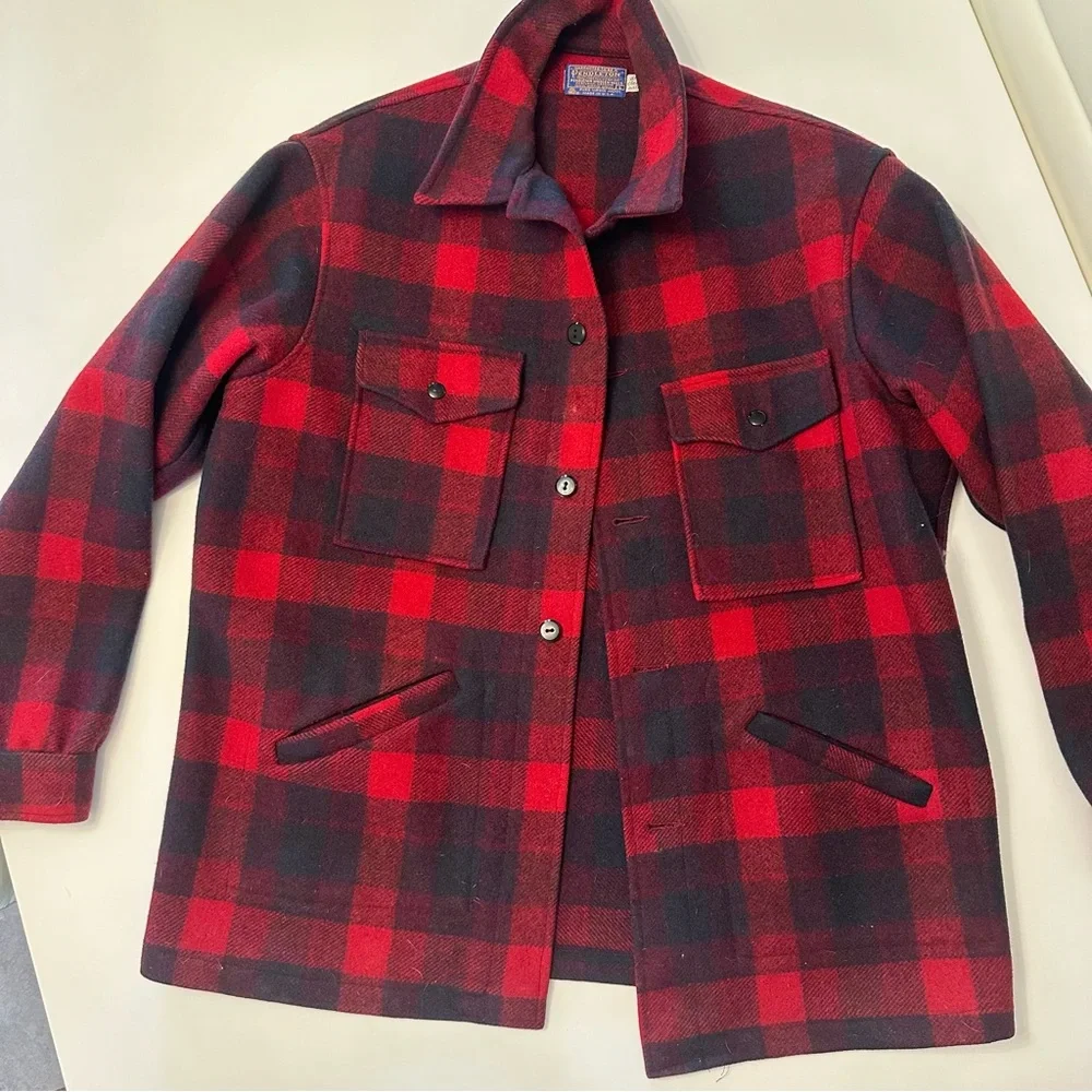 PENDLETON 100% wool red black buffalo plaid vintage hunter's jacket large - Picture 1 of 6